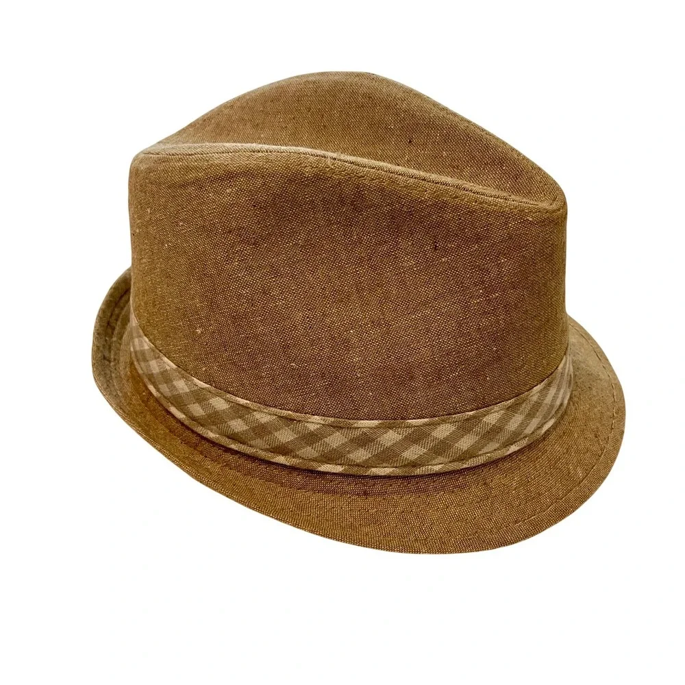 Daniel Cremieux Linen Cotton Fedora Hat Tan Plaid Band L/XL
